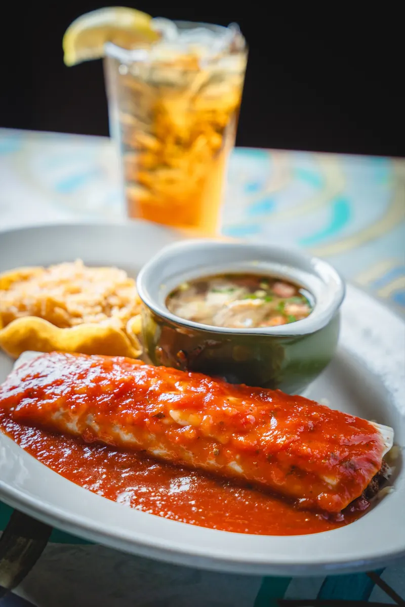 Burrito Special with red sauce, rice and a cup of soup